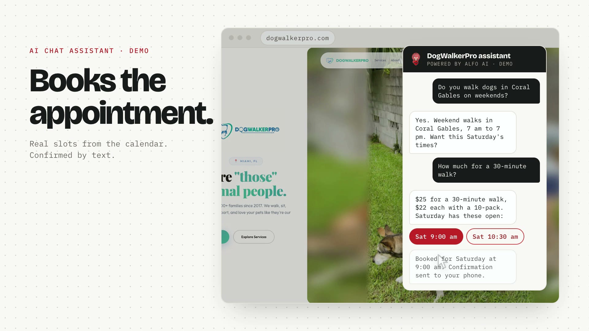 A chat widget on the DogWalkerPro website answers a late-night question about weekend walks in Coral Gables, quotes a price, and books Saturday at 9:00 am.