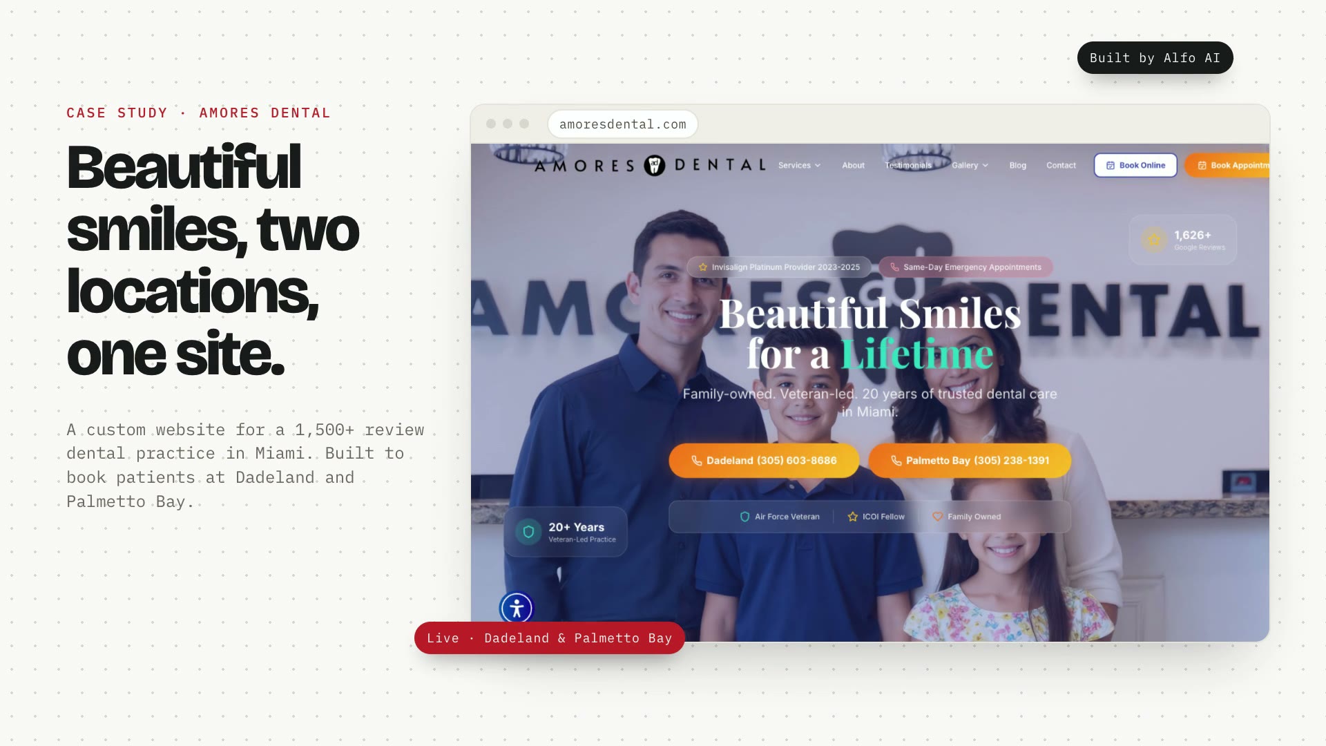 The Amores Dental website: the desktop homepage scrolling from the hero through insurance plans, services, the dentist bio, reviews and two locations, then a phone scrolling the full mobile homepage from the hero to the patient reviews, then the services, booking and gallery pages.
