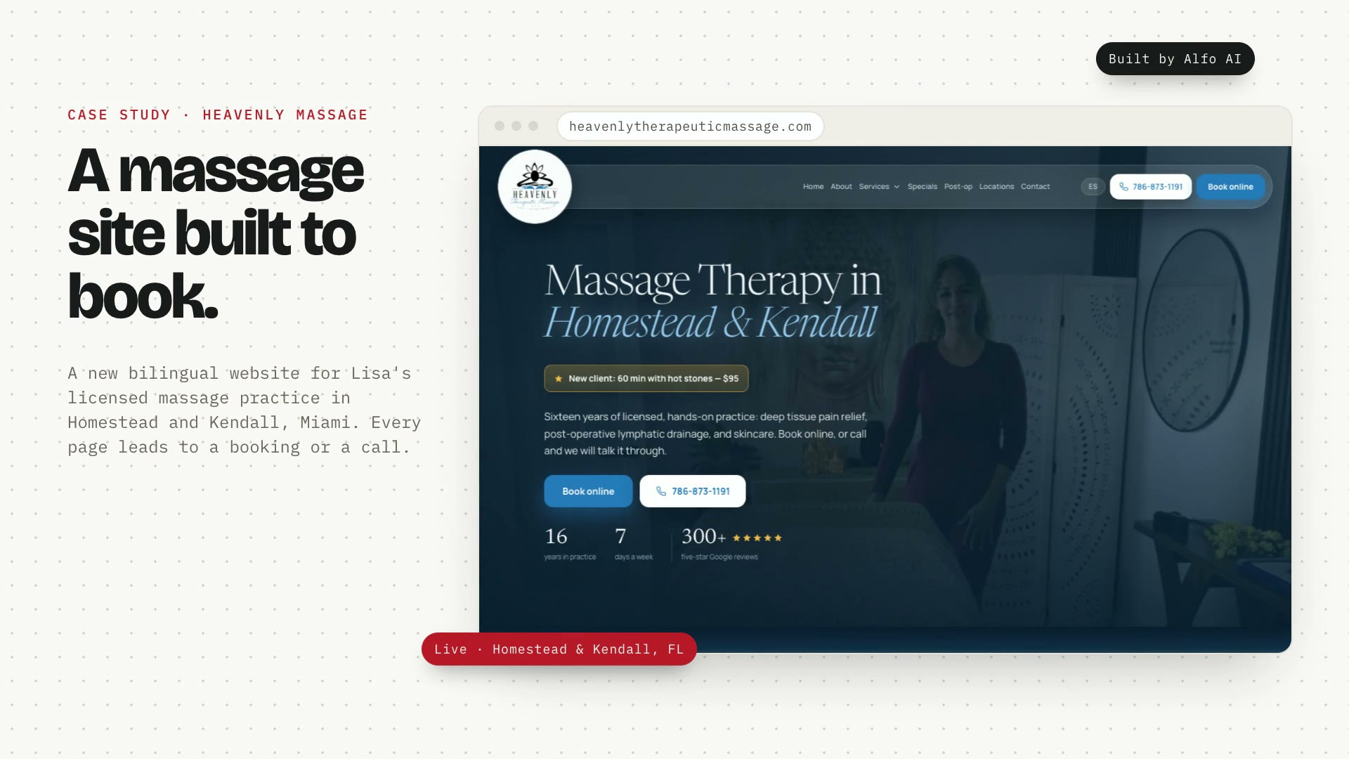 The Heavenly Therapeutic Massage website: the desktop homepage scrolling from the navy hero through What brings you in, the most booked services, post-op lymphatic drainage, Google reviews and the booking band, then a phone scrolling the full mobile homepage, then the post-op recovery, Spanish and Kendall pages.