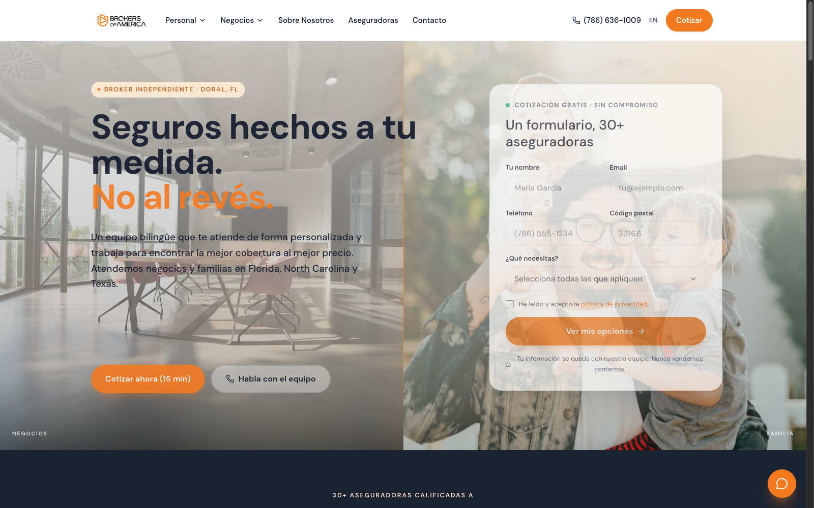 The Brokers of America website, Spanish version, with the quote form built by Alfo AI