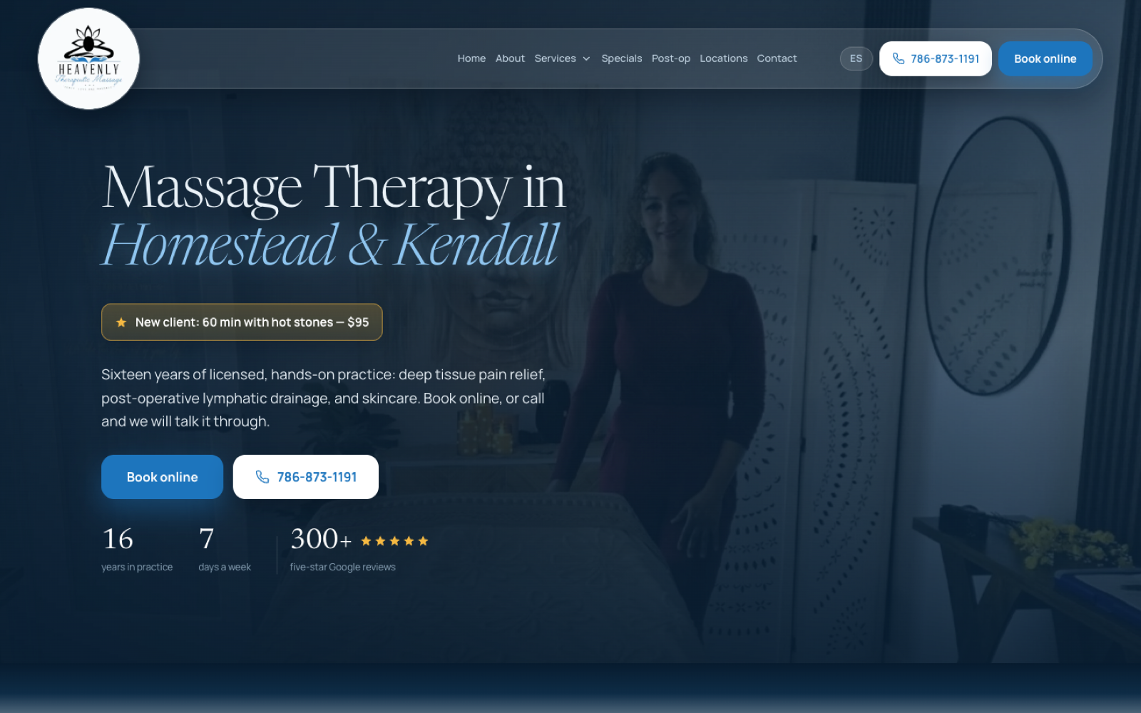 The new Heavenly Therapeutic Massage website: Massage Therapy in Homestead & Kendall, with Book online and call buttons